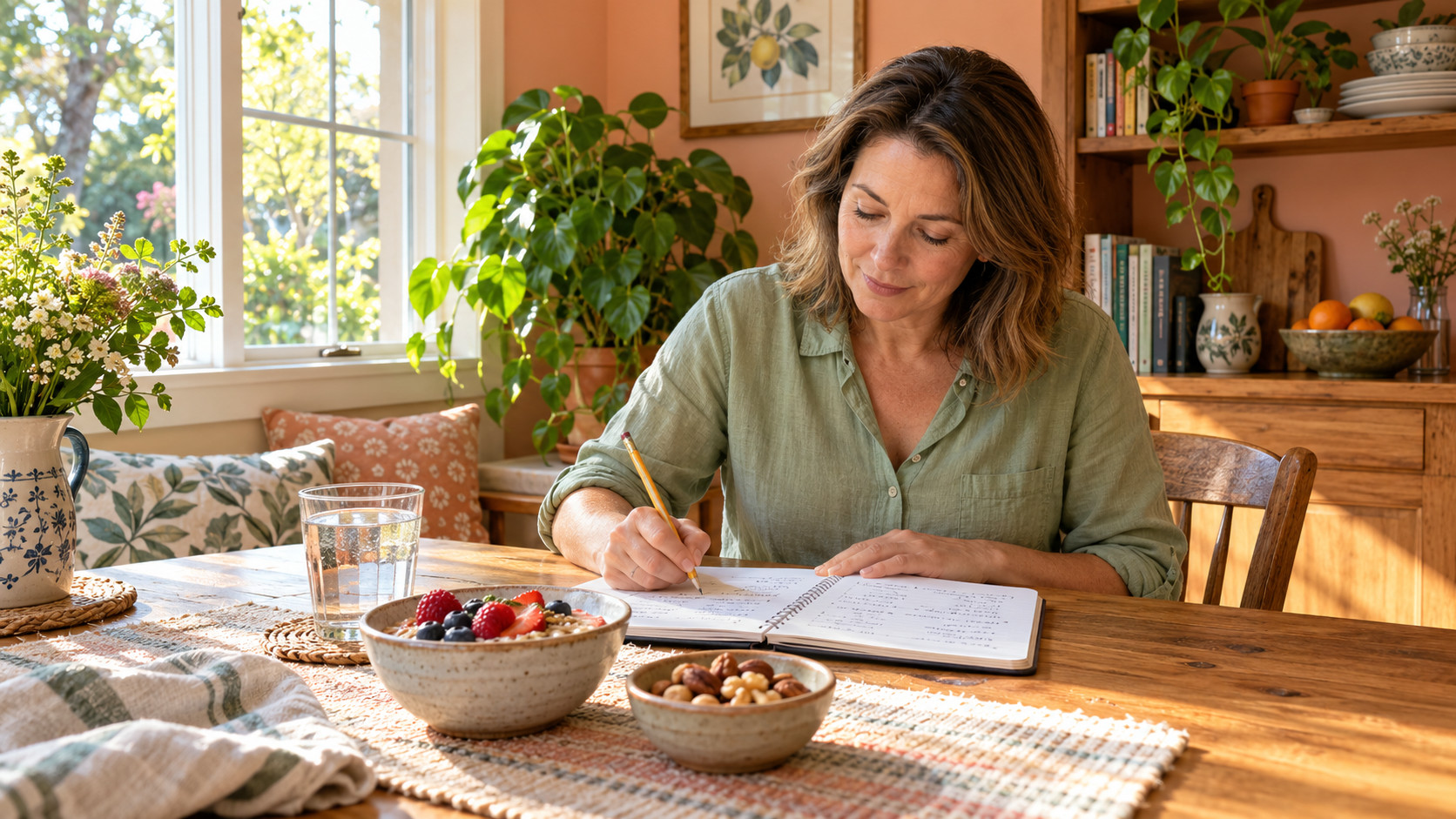 Woman writing meal notes at an oak table beside oats, berries, nuts and a glass of water