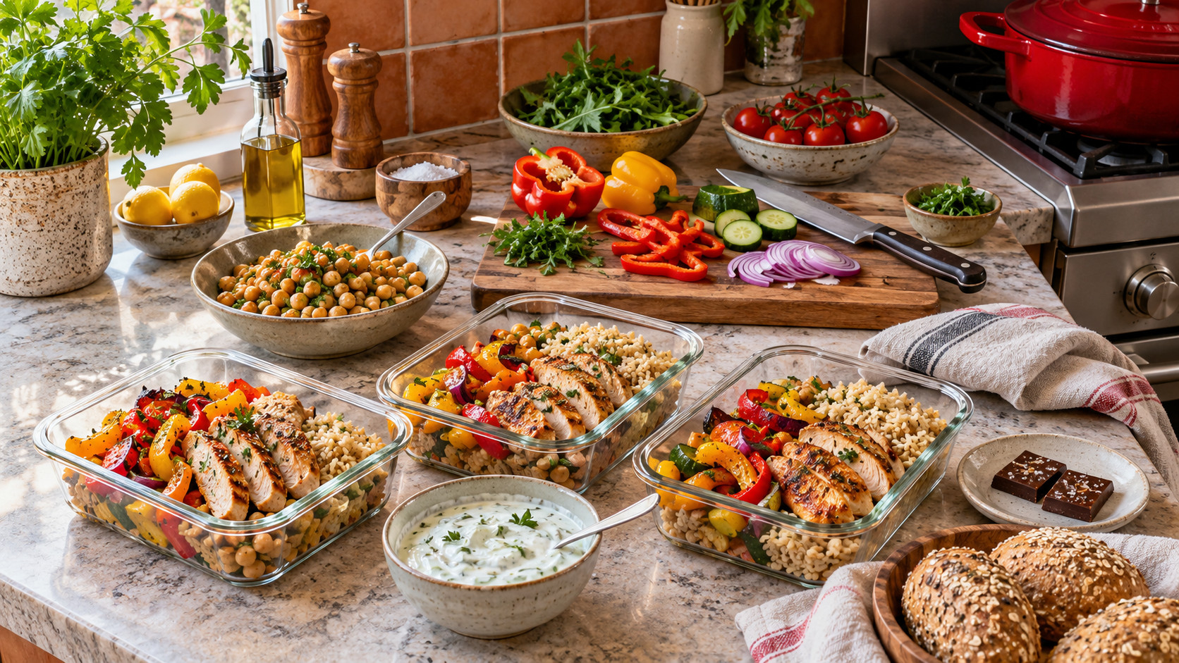 Glass lunch containers filled with chicken, rice and peppers beside chickpeas, chopped vegetables, yogurt sauce, rolls and chocolate