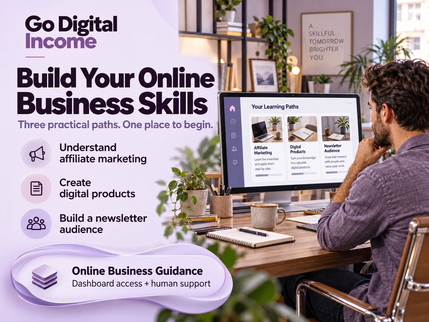 Go Digital Income promotional banner showing a man viewing a learning dashboard beside benefits covering affiliate marketing, digital products and newsletters.