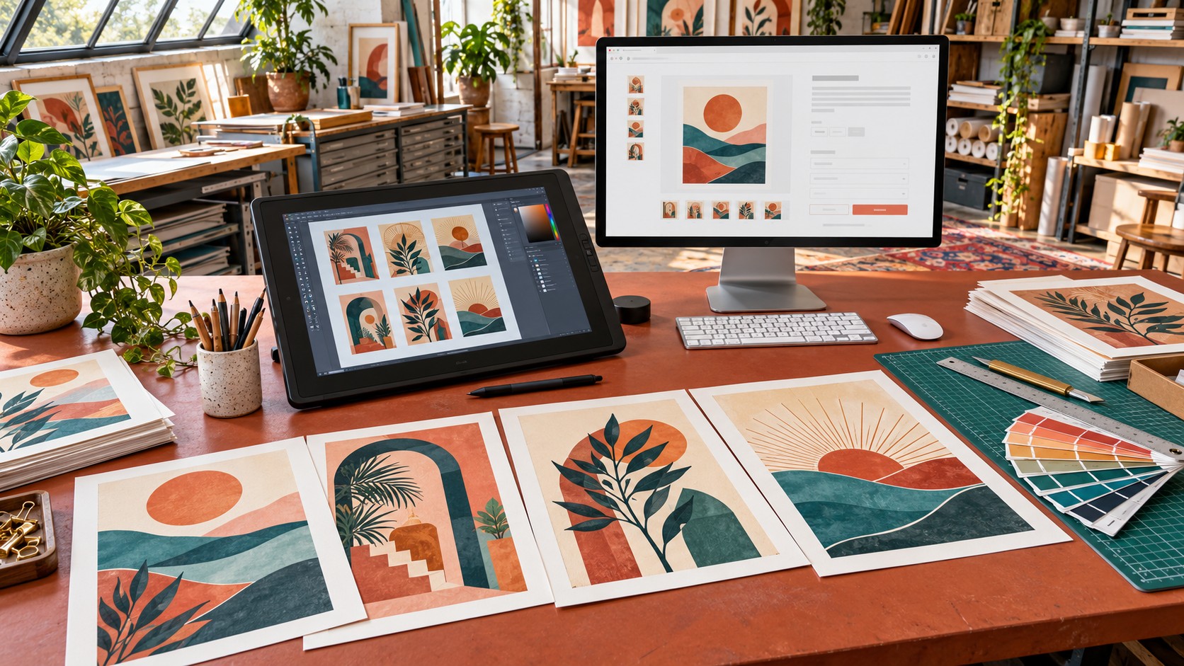 Creative studio workbench with a drawing tablet, printable artwork and a desktop monitor displaying a generic marketplace listing draft.