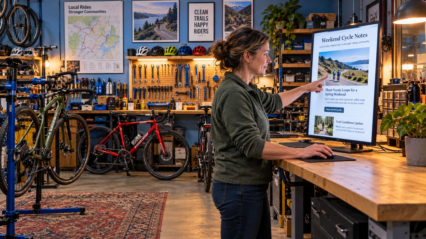 Woman reviewing a cycling newsletter on a vertical monitor at a standing desk, surrounded by bicycles, helmets and workshop tools.
