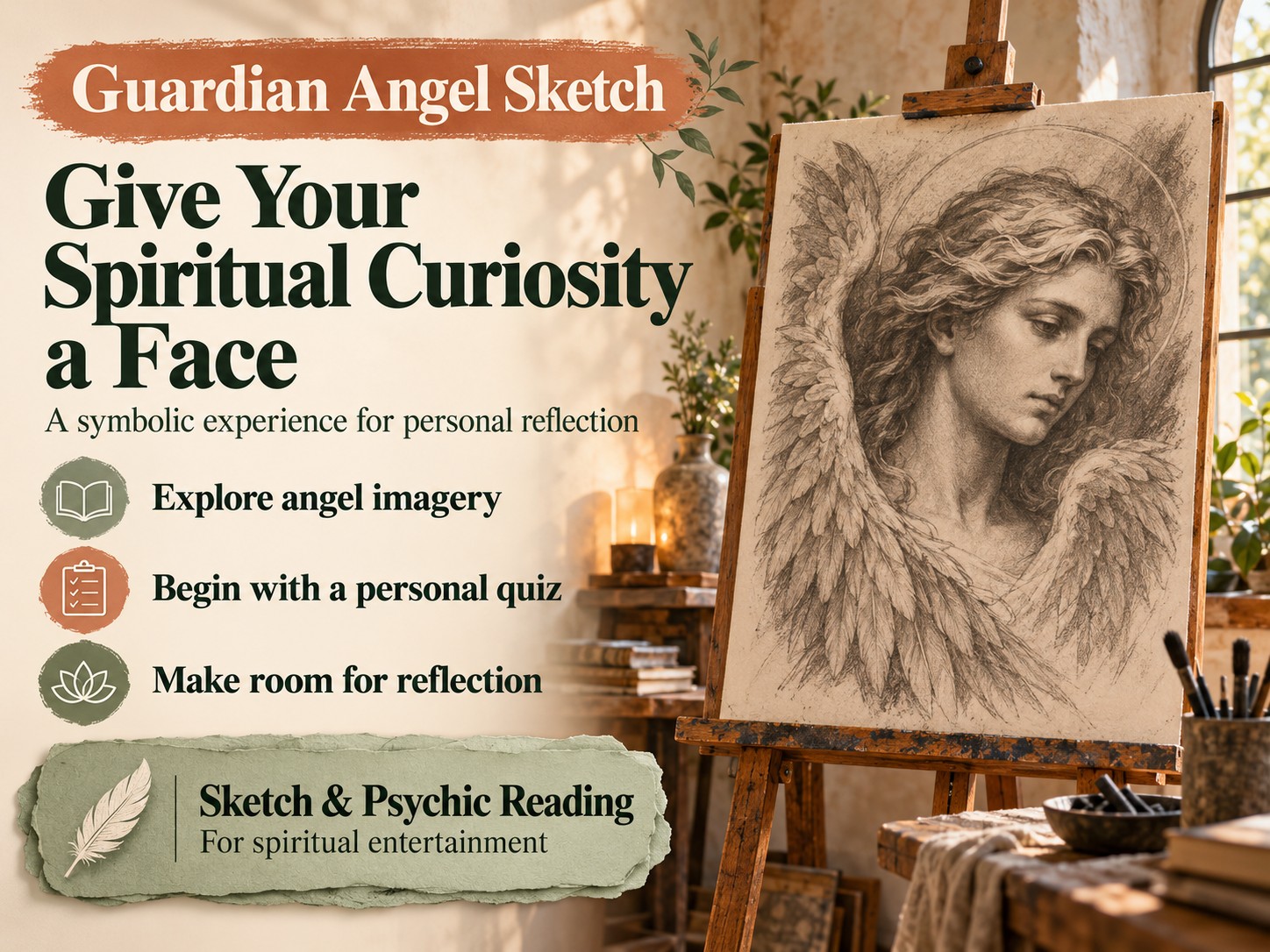 Guardian Angel Sketch banner featuring original angel artwork, three reflection benefits and a sketch-and-reading information panel