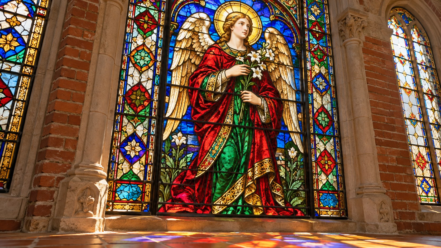 Colourful stained-glass angel panel framed by carved stone and red brick, with sunlight falling across the tiled sill.