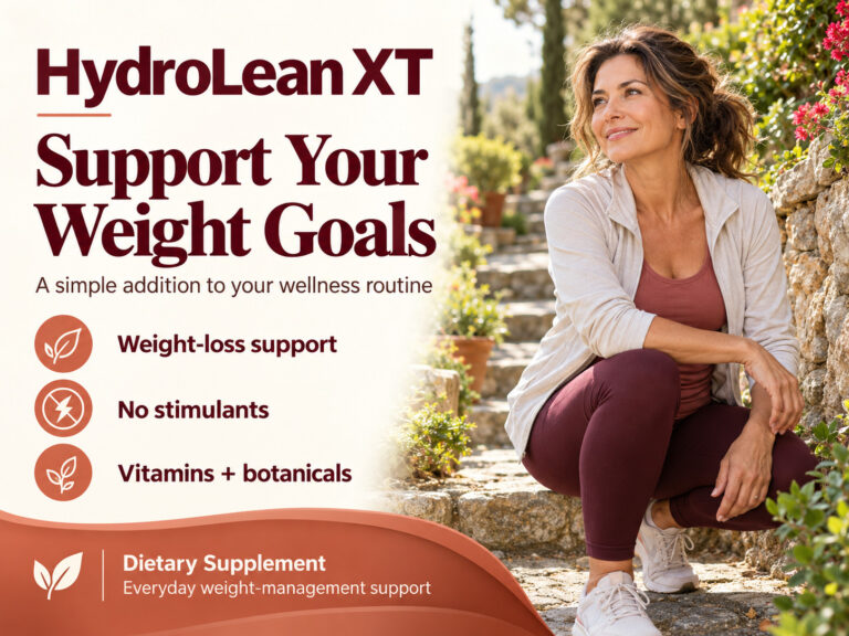 HydroLean XT promotional banner with weight-management support features beside a woman seated on garden steps.