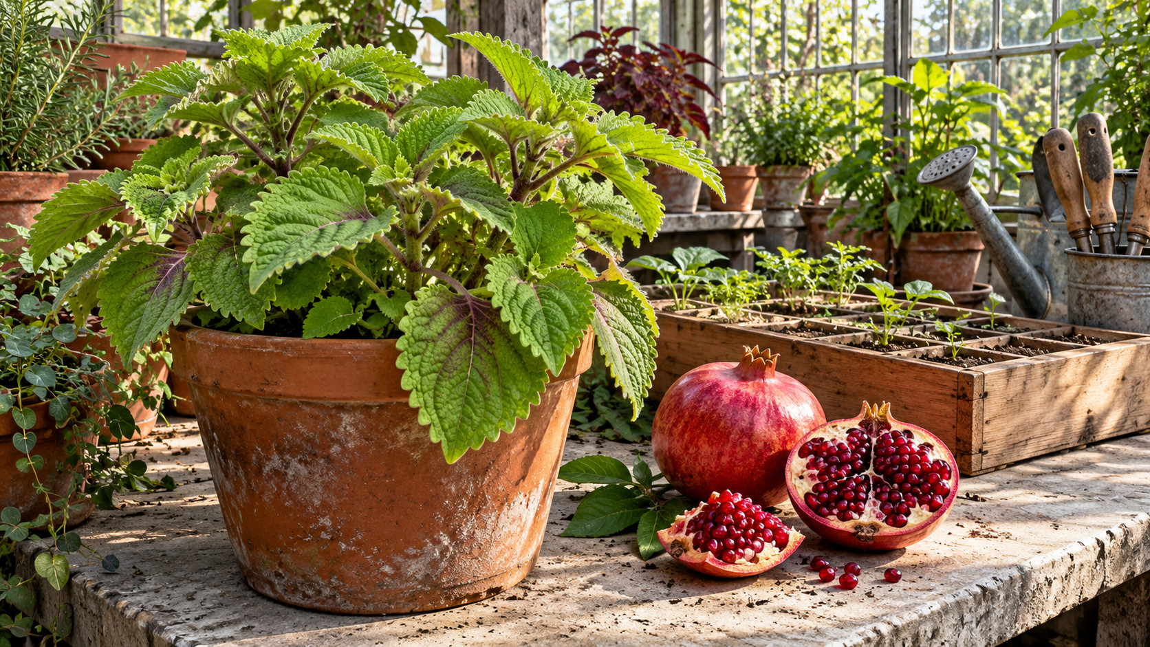 Potted coleus beside whole and opened pomegranates on a greenhouse bench with seed trays and gardening tools.