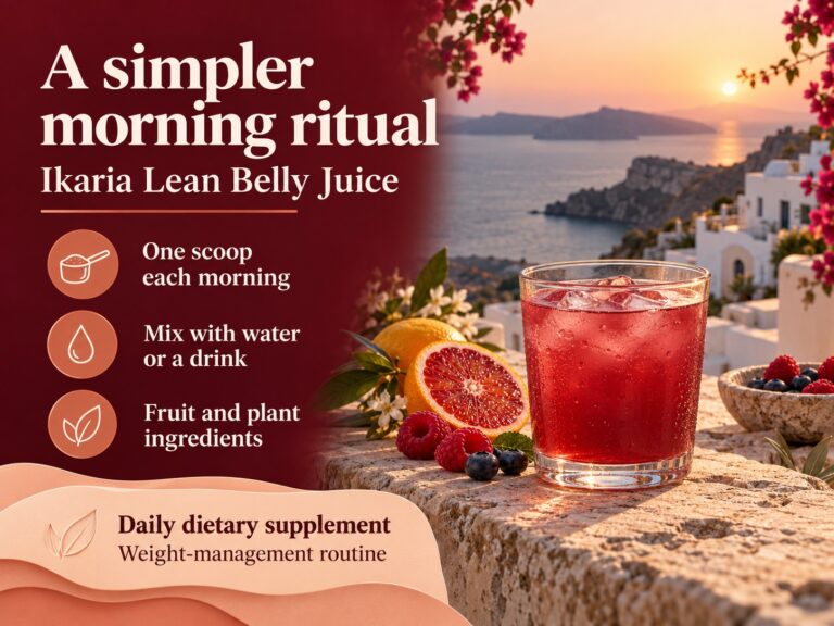 Ikaria Lean Belly Juice promotional banner with a berry-colored drink on a seaside terrace and information about its daily mixing routine