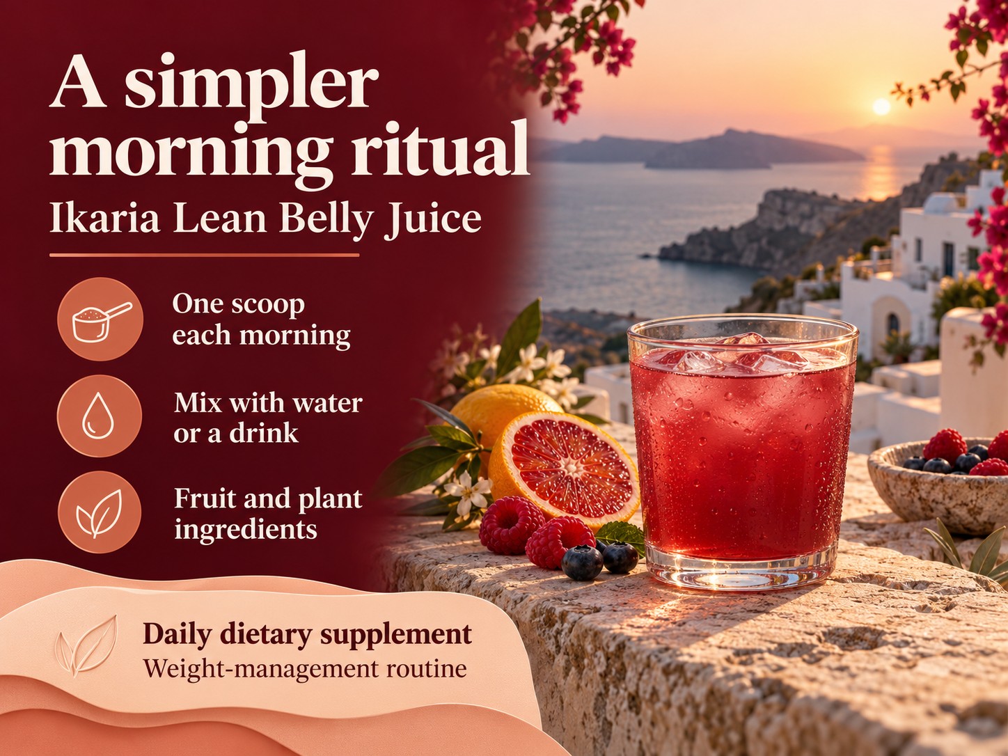 Ikaria Lean Belly Juice promotional banner with a berry-colored drink on a seaside terrace and information about its daily mixing routine