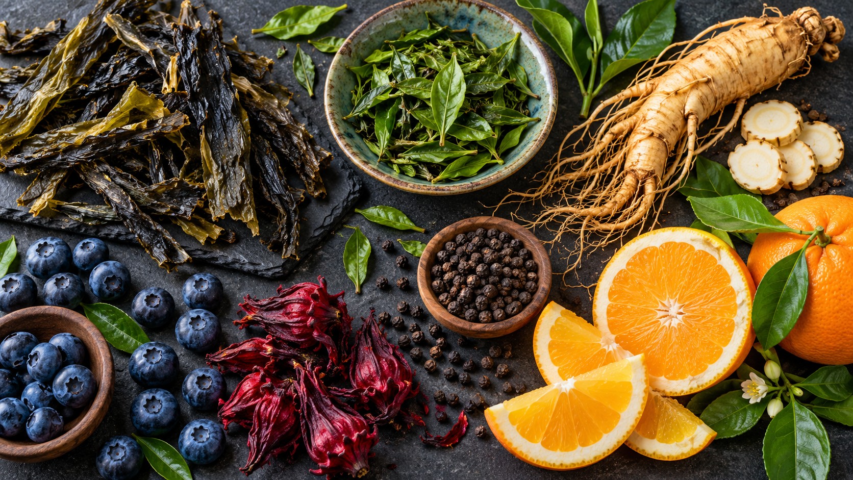 Overhead arrangement of seaweed, green tea leaves, ginseng root, black peppercorns, orange slices, blueberries and hibiscus on dark stone.