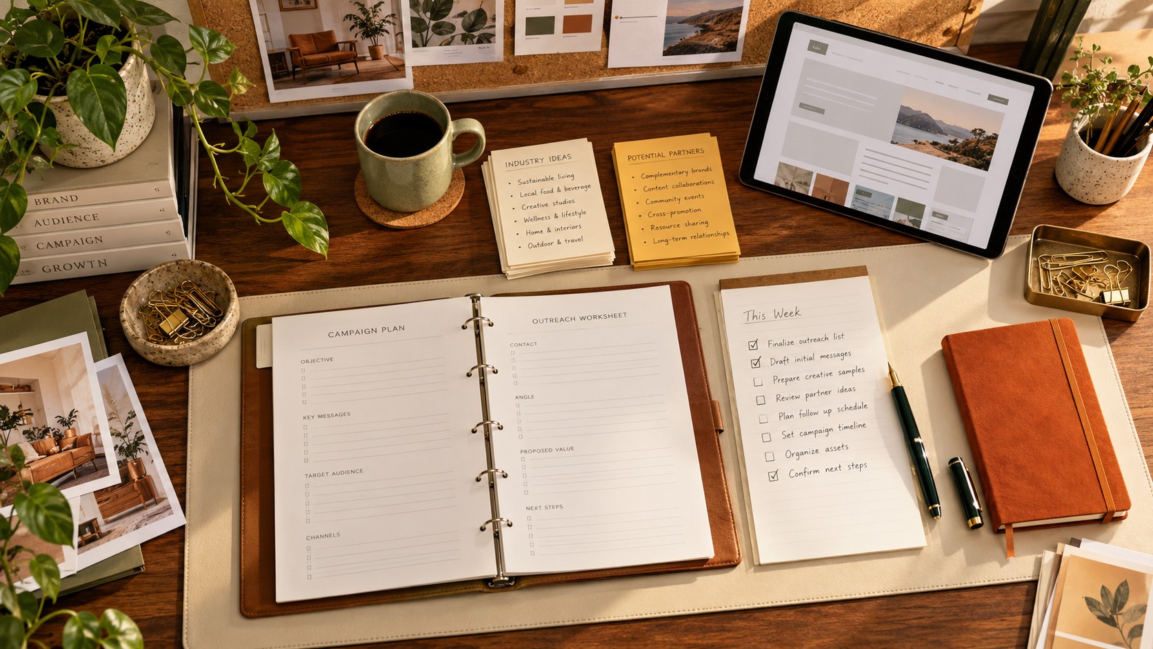 Overhead view of an agency planning desk with outreach worksheets, industry idea cards, a checklist and a tablet website layout.