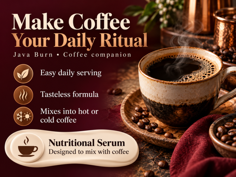 Java Burn promotional banner with a ceramic coffee cup, burgundy background and information about its tasteless nutritional serum.