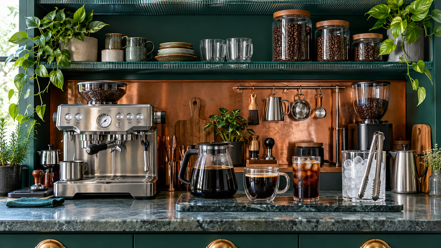 Hot and iced black coffee beside an espresso machine, coffee beans and preparation tools in a green coffee alcove.