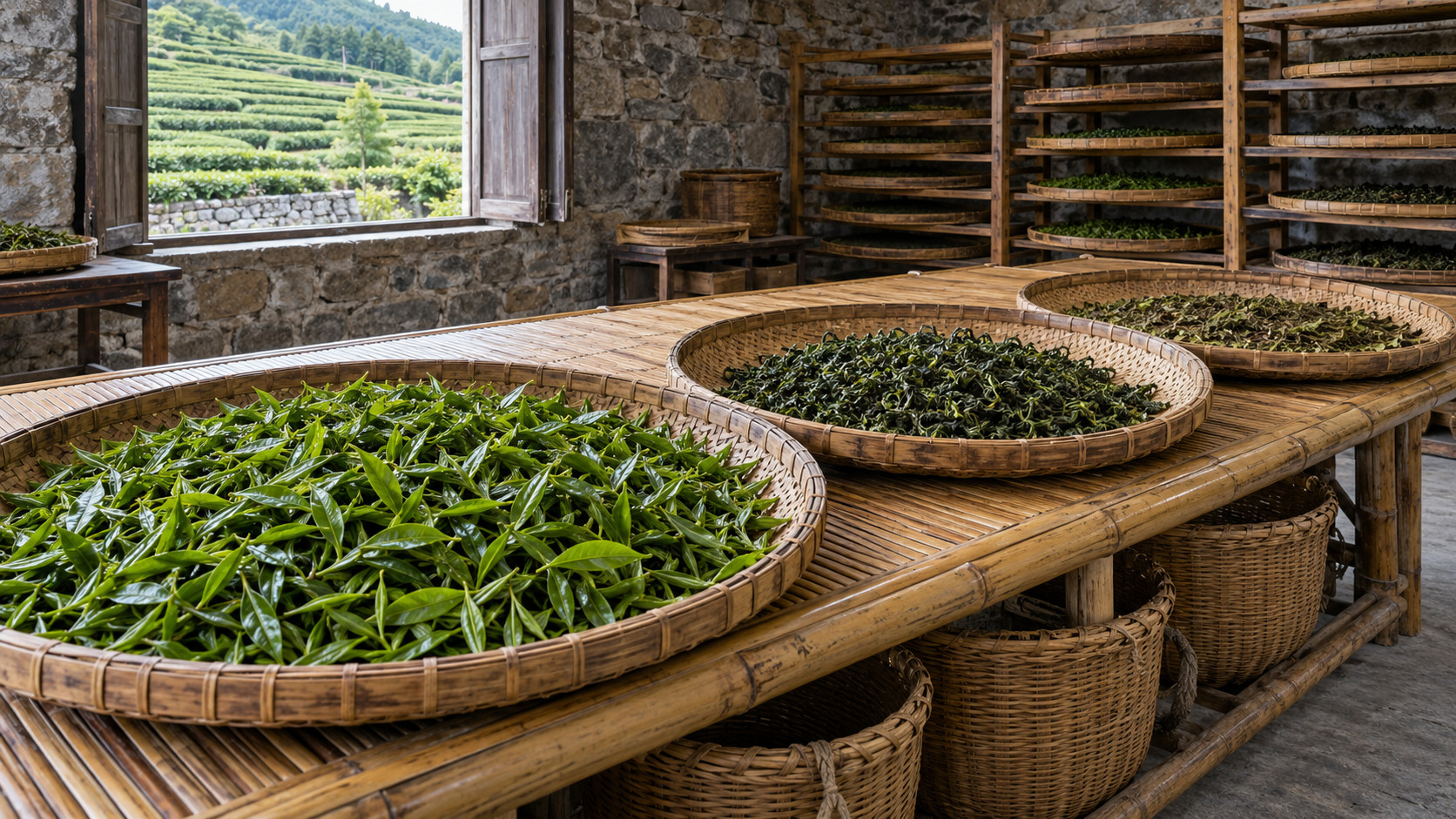 Wicker trays of fresh and rolled tea leaves on a bamboo table beside drying racks in a stone tea-processing room.