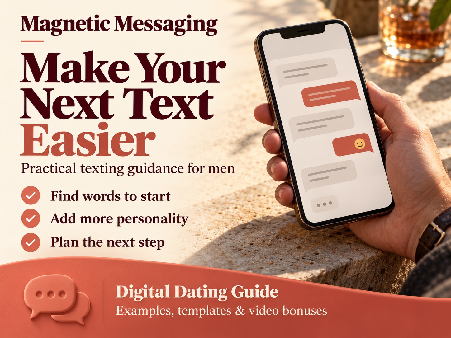 Magnetic Messaging banner with a hand holding a smartphone, texting benefits and a digital dating guide panel.