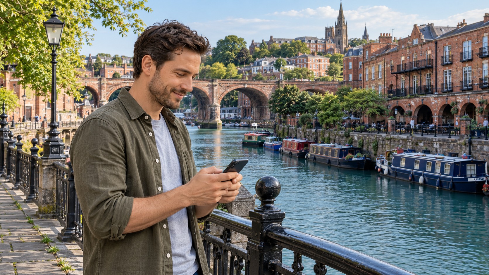 Man composing a message on his smartphone beside a riverside railing, with boats and brick buildings behind him.