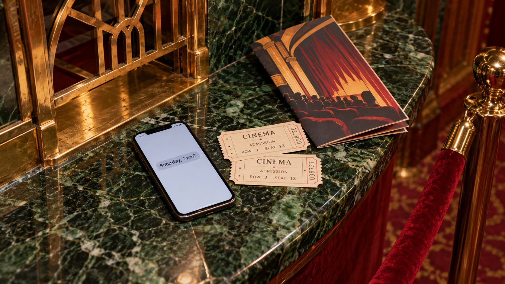 Smartphone displaying “Saturday, 7 pm?” beside two cinema tickets and a programme on a green marble cinema counter.