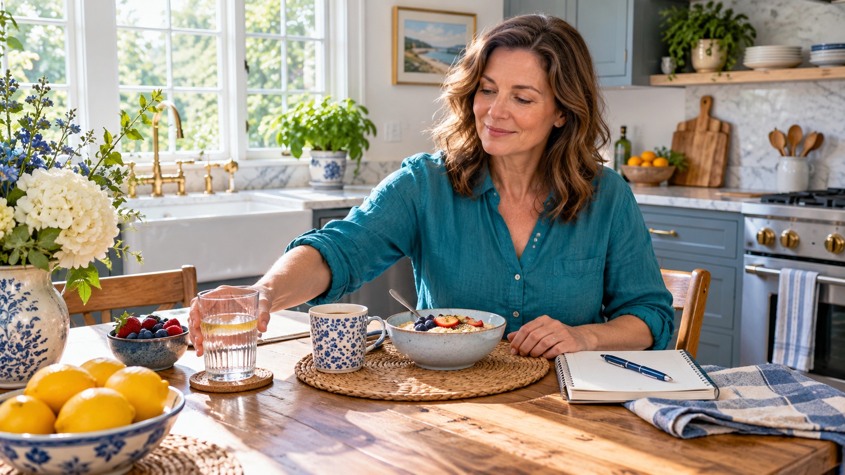 Woman at a breakfast table placing a glass of water beside a bowl of oats and an open notebook in a bright kitchen.