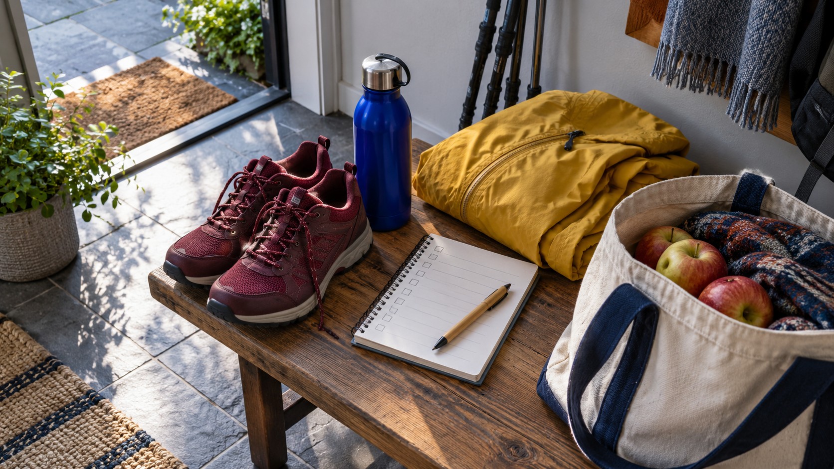 Walking shoes, blue water bottle, yellow jacket, planner and a bag of apples on a wooden bench by an open doorway.
