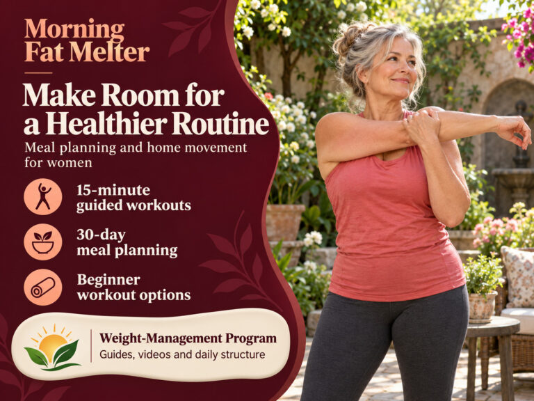 Morning Fat Melter banner featuring a mature woman stretching in a garden beside meal-planning and home-workout benefits.