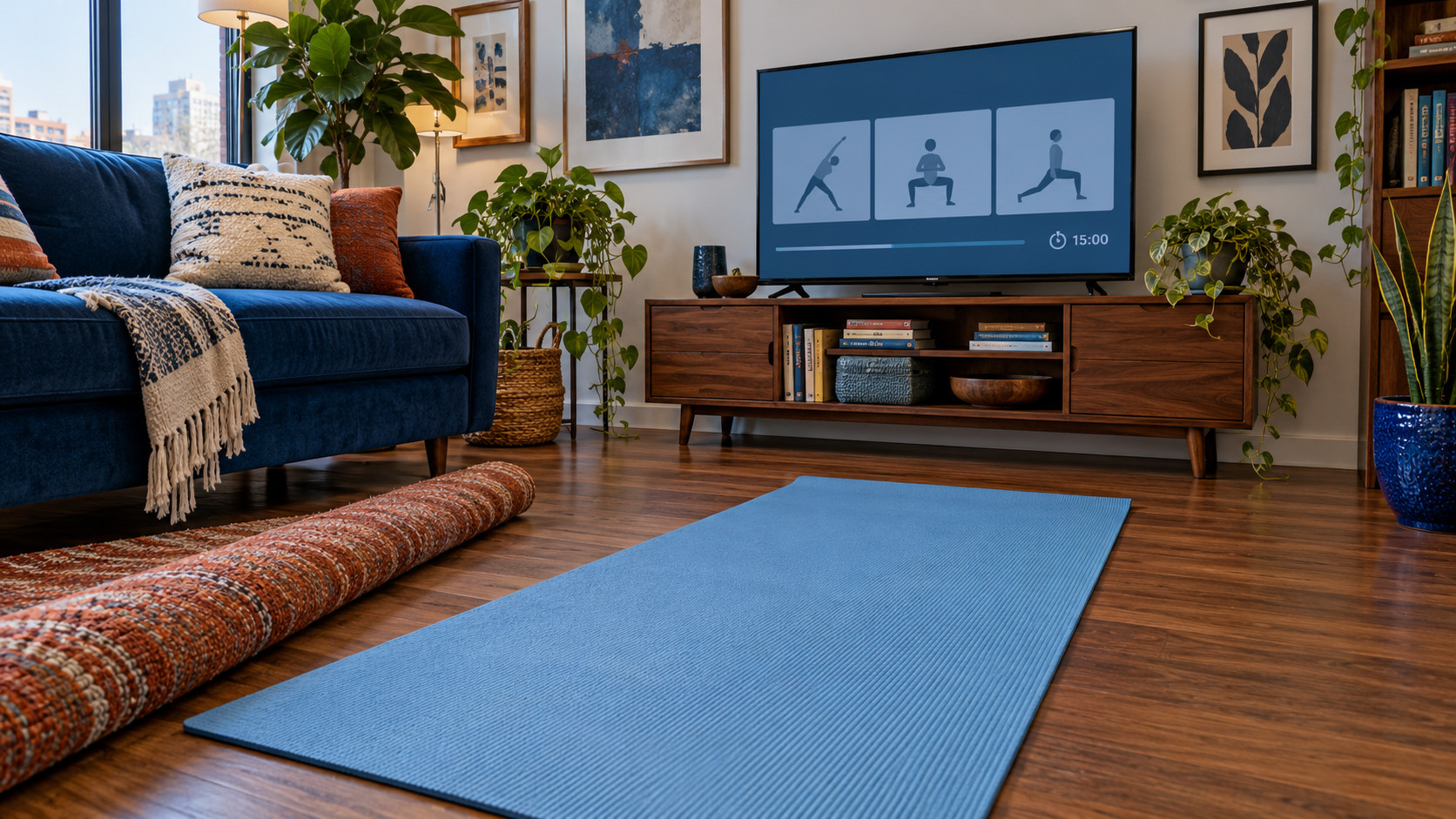 Blue exercise mat facing a television with generic workout graphics in a furnished apartment living room.