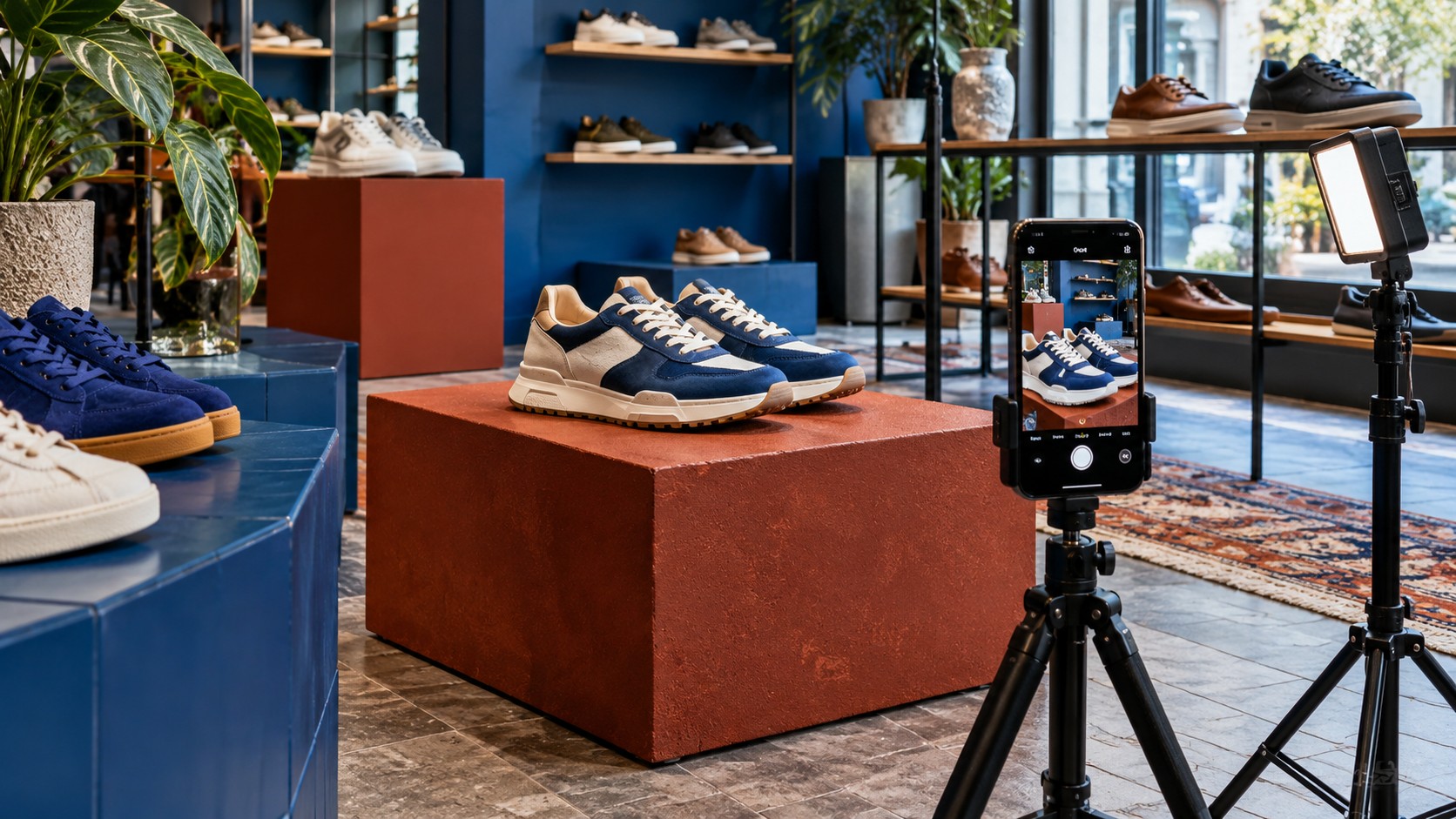 Smartphone on a tripod photographing blue and cream sneakers on a display plinth inside a colourful shoe boutique.