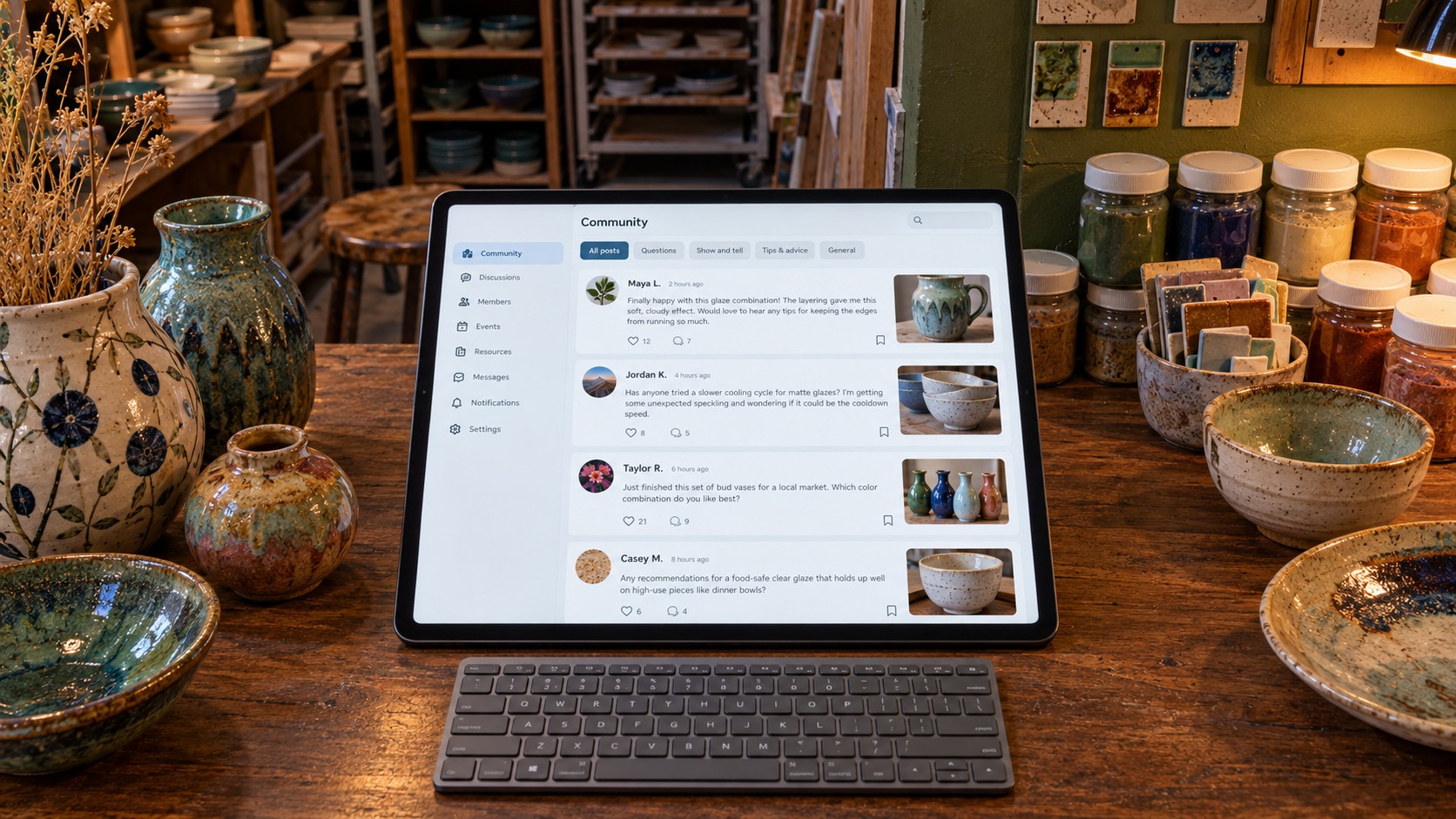 Tablet and wireless keyboard displaying an illustrative community discussion feed on a ceramics studio counter with pottery and glaze supplies.