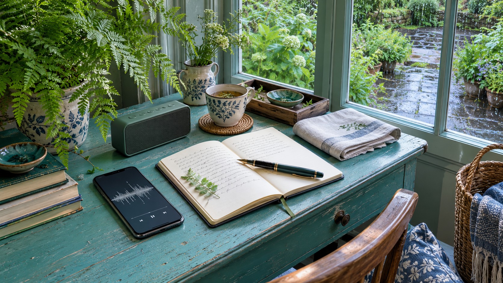 Portable speaker, phone with an audio waveform, open notebook and tea on a green desk overlooking a rain-soaked garden.