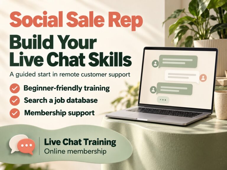 Social Sale Rep banner featuring a laptop with chat bubbles, three membership benefits and a live chat training information panel.