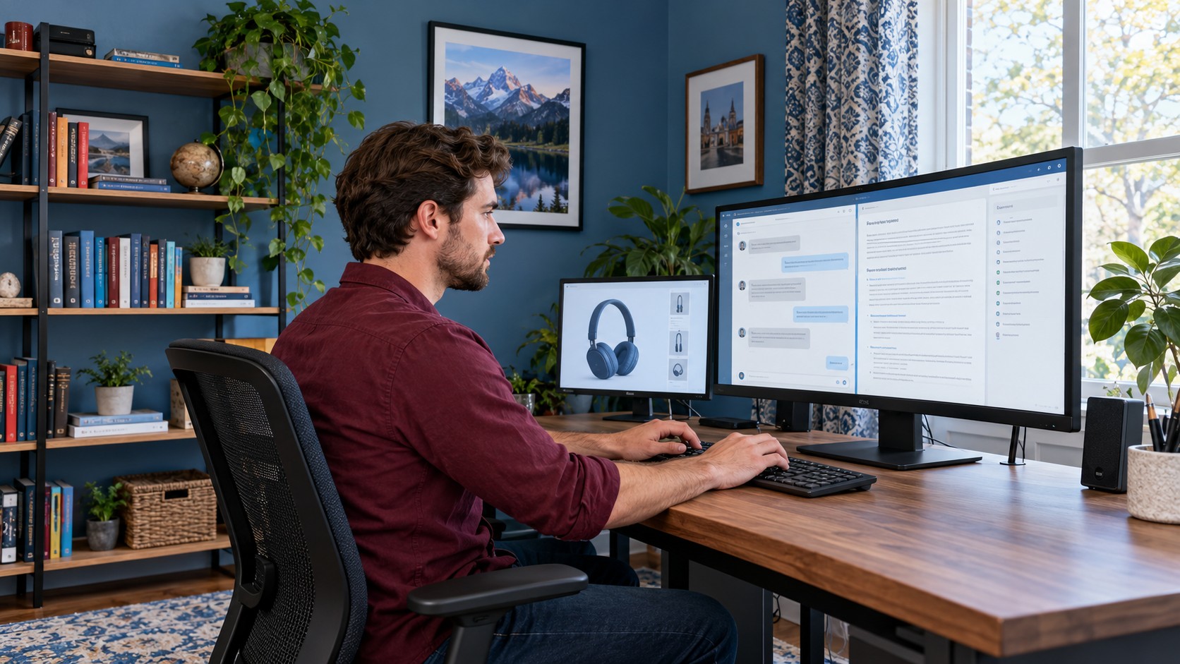 Man typing at a home-office workstation with customer chat, reference information and a product page on two monitors.