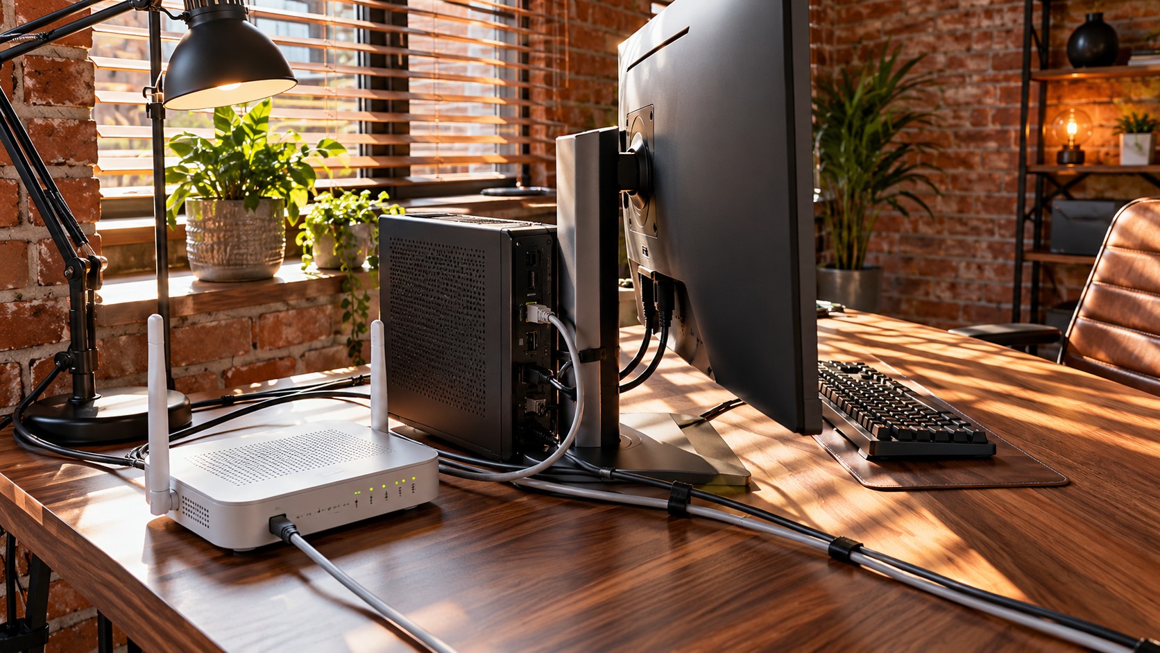 Ethernet-connected router and desktop computer behind a monitor on a sunlit wooden desk in a brick-walled office.