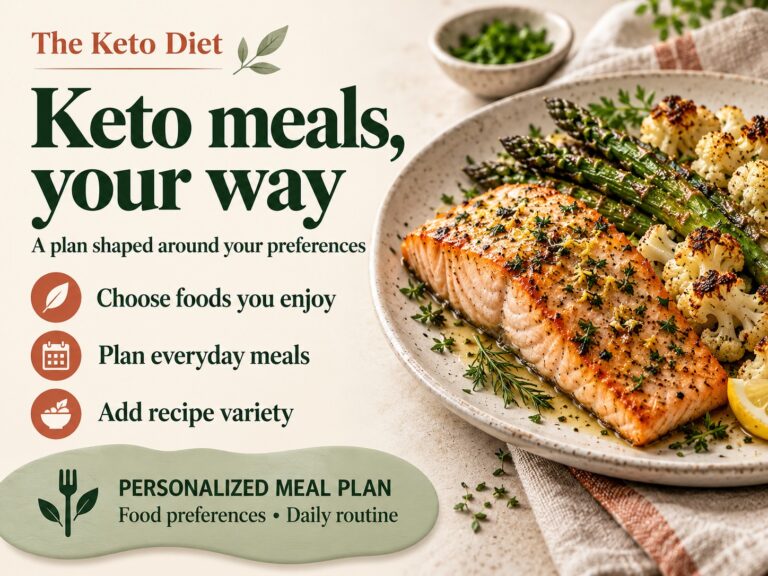 The Keto Diet promotional banner with personalized meal-planning benefits beside salmon, asparagus and cauliflower