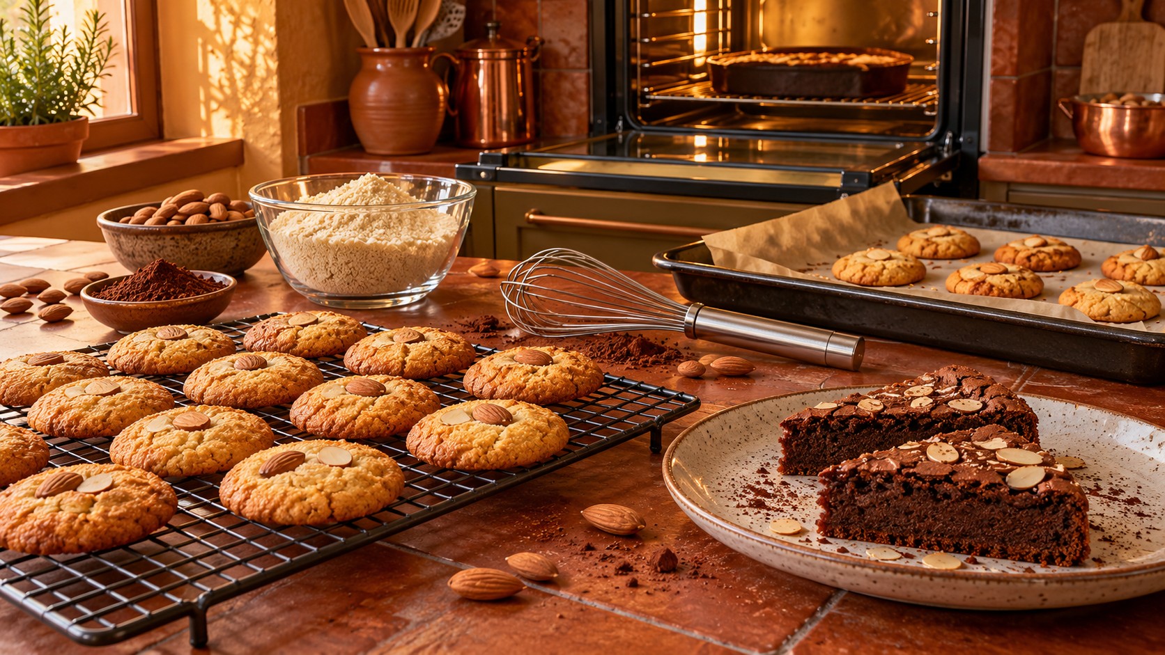 Almond cookies cooling beside chocolate cake, almond flour, cocoa and baking equipment in a warmly lit kitchen.