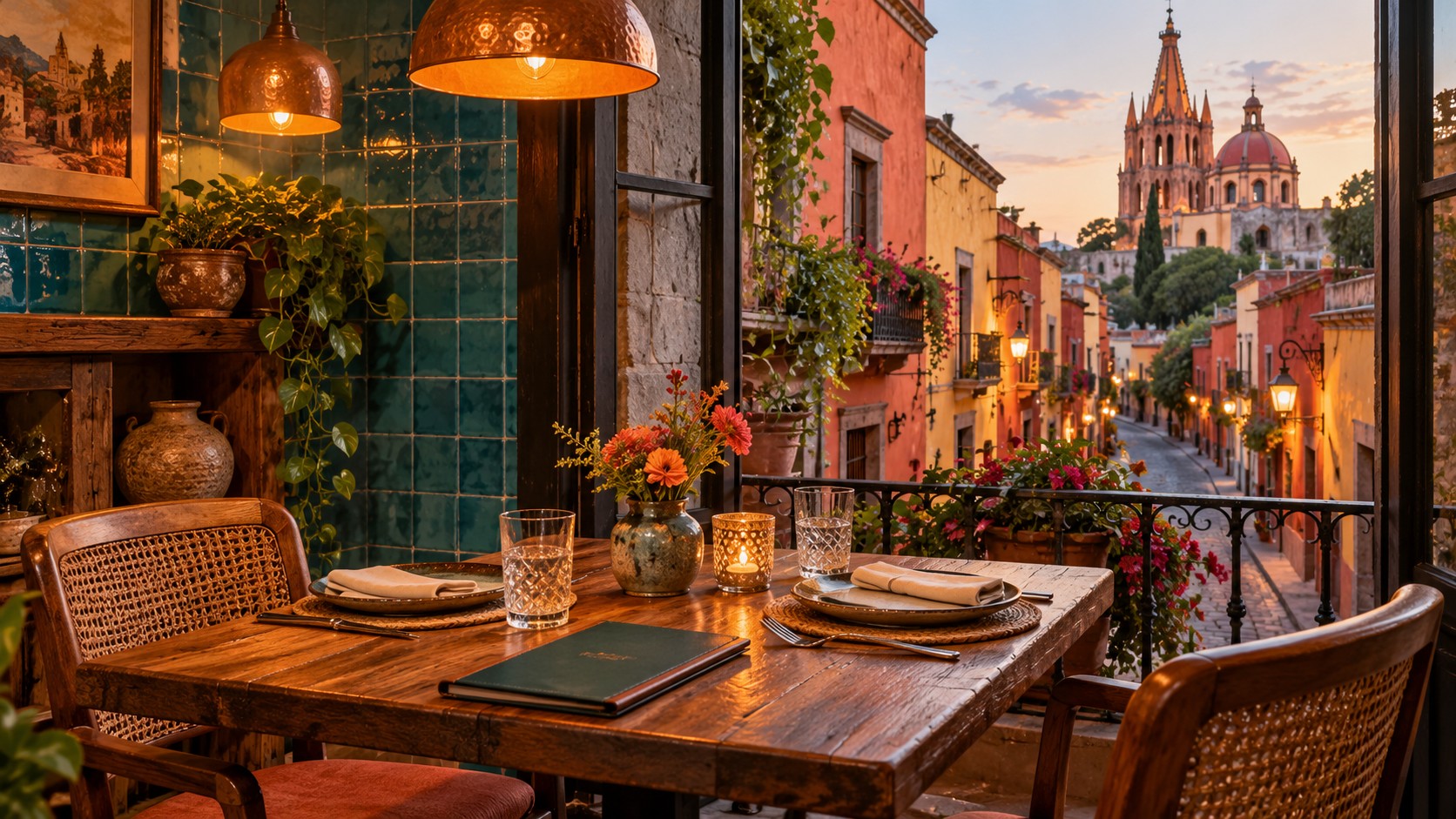 A restaurant table set for two beside an open window, with teal tiles, copper lamps, flowers, and a colorful street view.